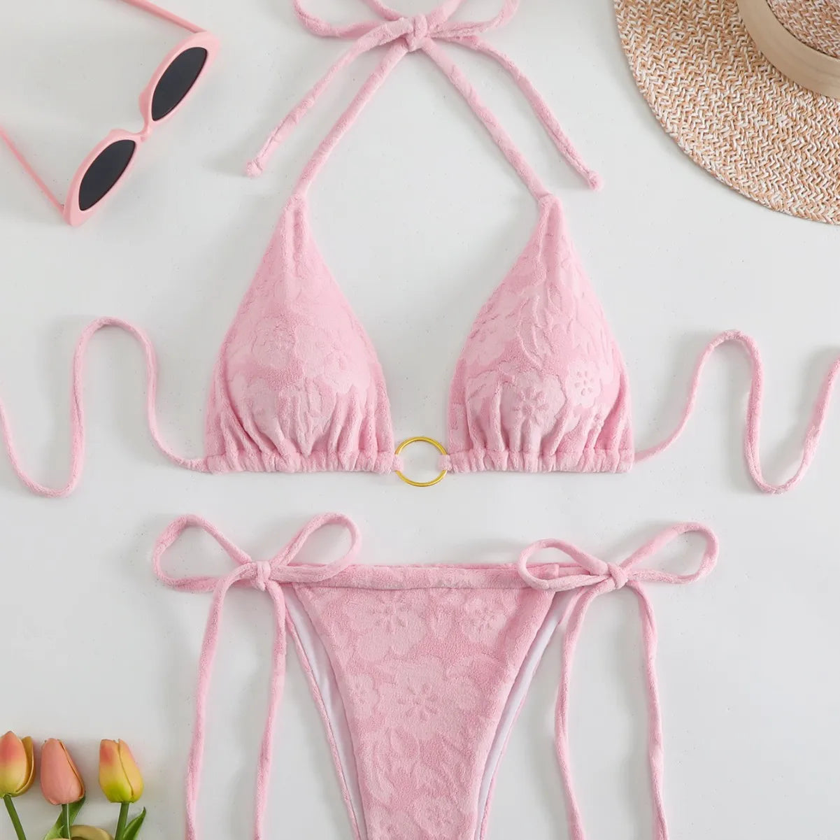 Solid Ribbed Swimwear String Halter Triangle Micro Bikini Thong Sexy  Swimsuits Women Lace-up Bathing on Luulla