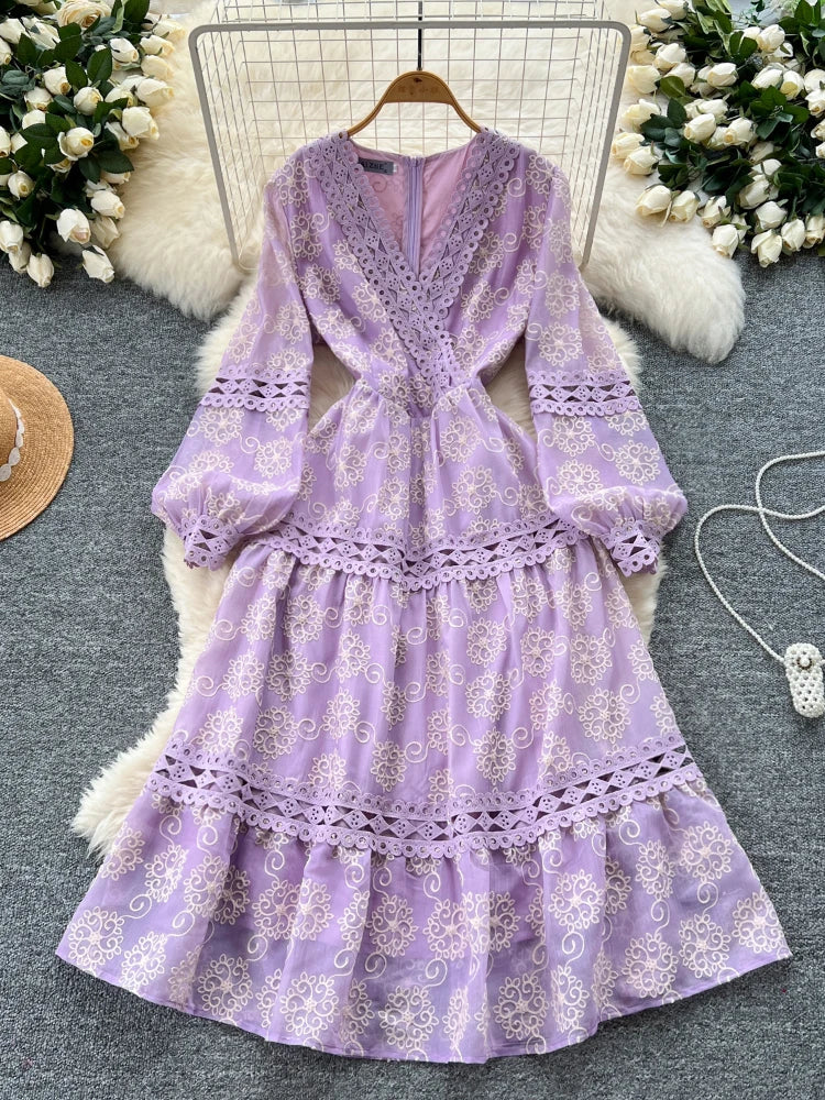 Lavender Lace Embroidered Long Sleeve Maxi Dress