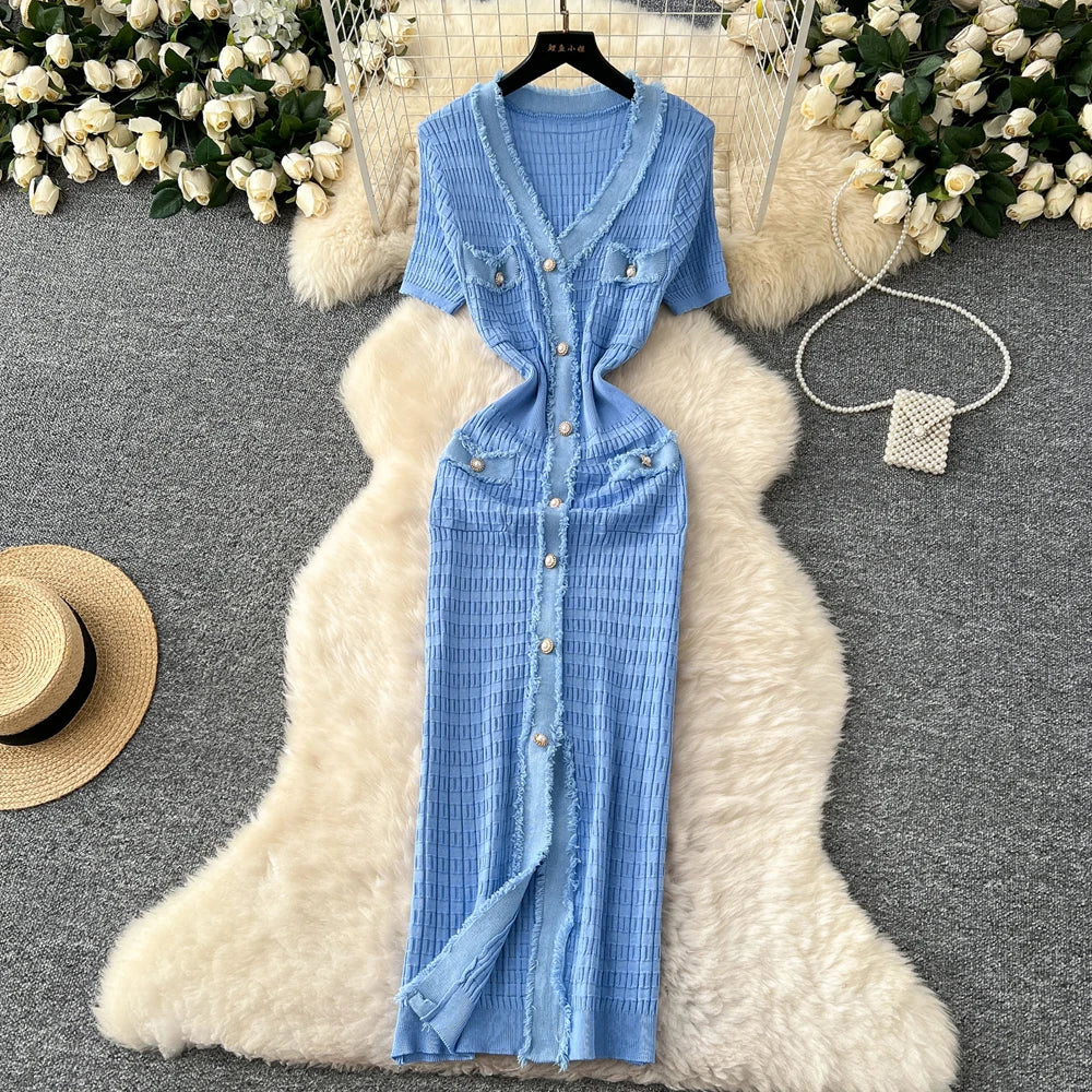 blue ribbed maxi dress Dariann Sleeveless Ribbed Midi Dress