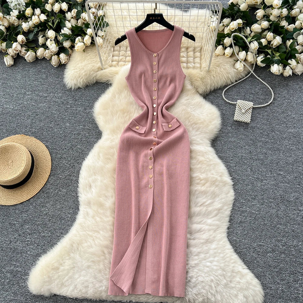 Button-front Sleeveless Pink Knit Midi Dress