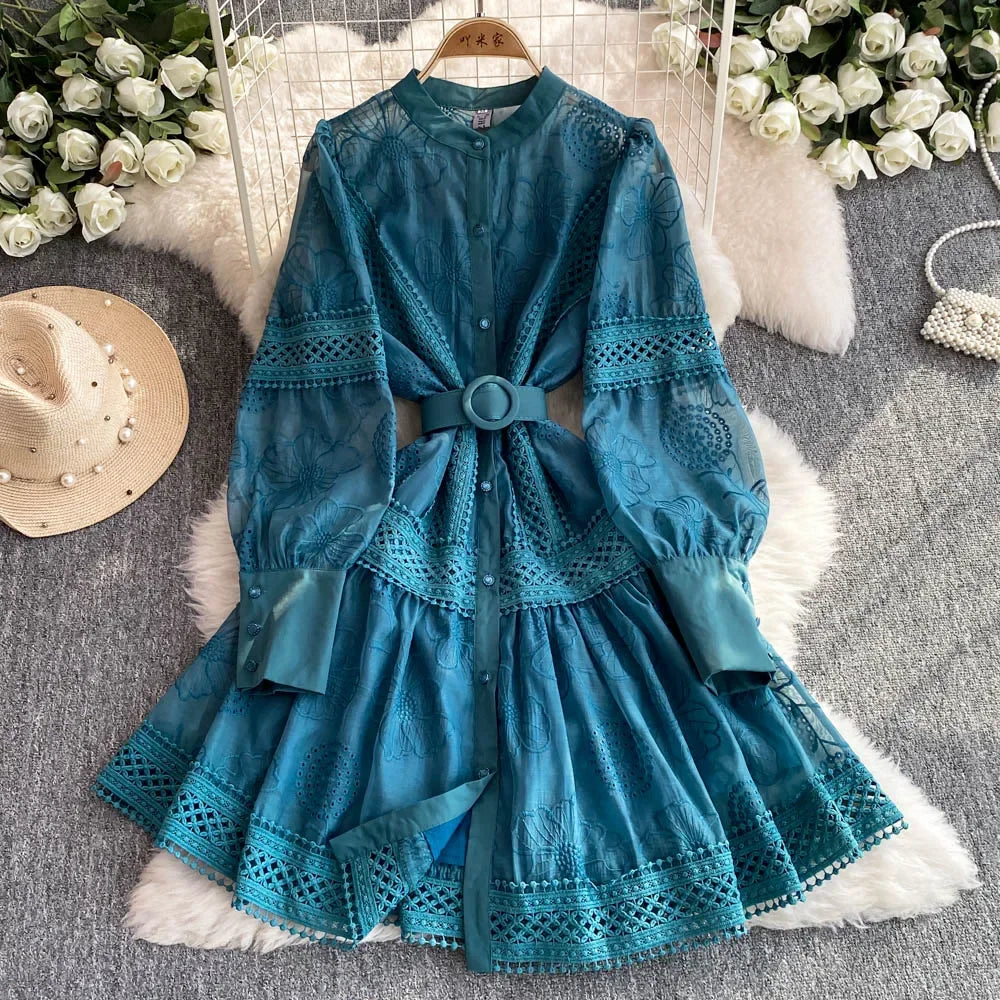 floral lace belted dress Women's Elegant Floral Lace Patchwork Stand Collar Belted Ruffle Sleeve  Mid-Length Dress, Summer Party Beige Sundress