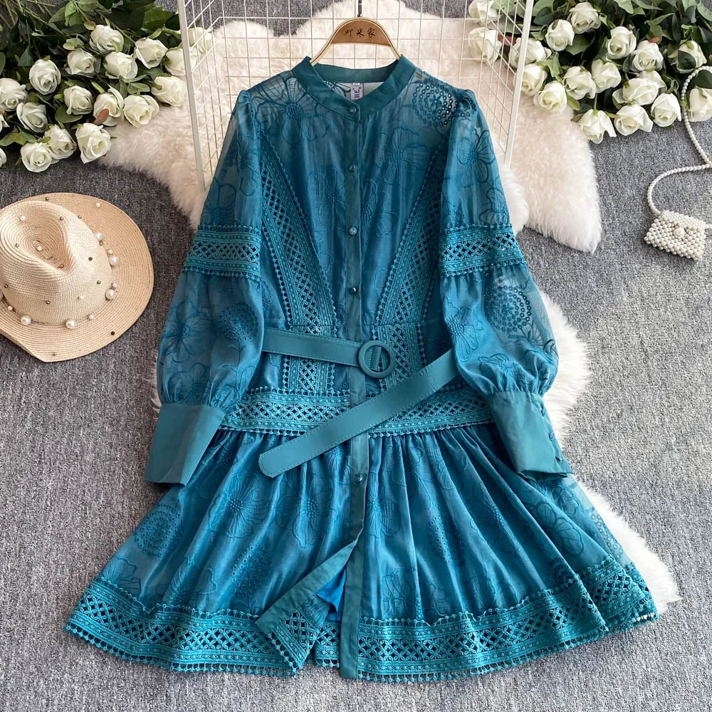 teal lace long sleeve dress Floral Lace Belted Long Sleeve Blue Dress
