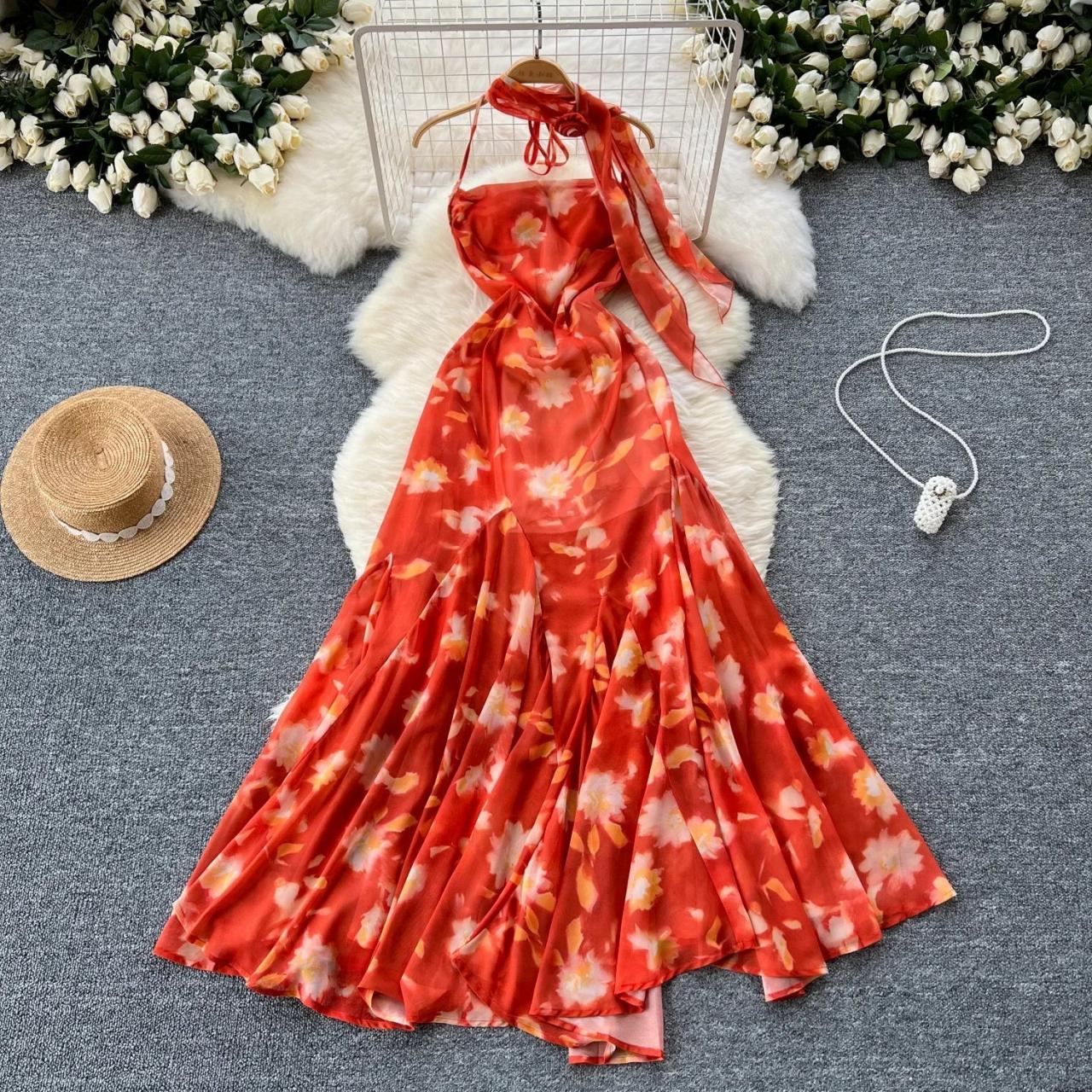 Floral Halter Neck Red Maxi Dress Summer