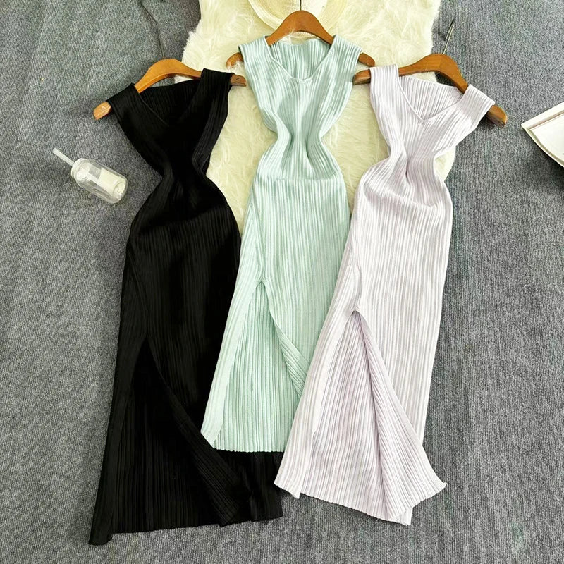 Sleeveless Ribbed Maxi Dress with Side Slit