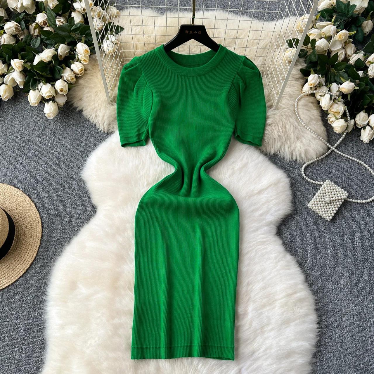 Green Ribbed Knit Short Sleeve Bodycon Dress