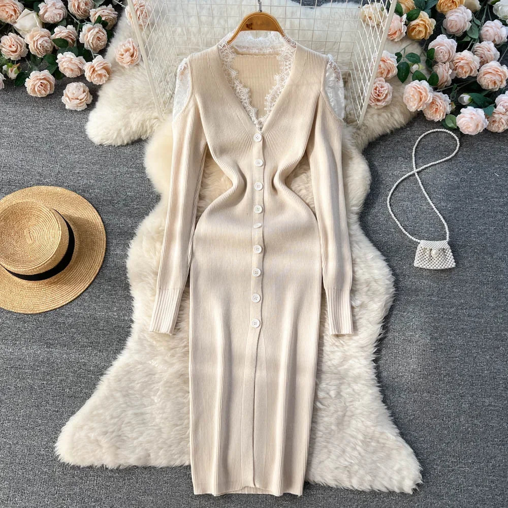 Lace Accent Button-Down Knit Midi Dress