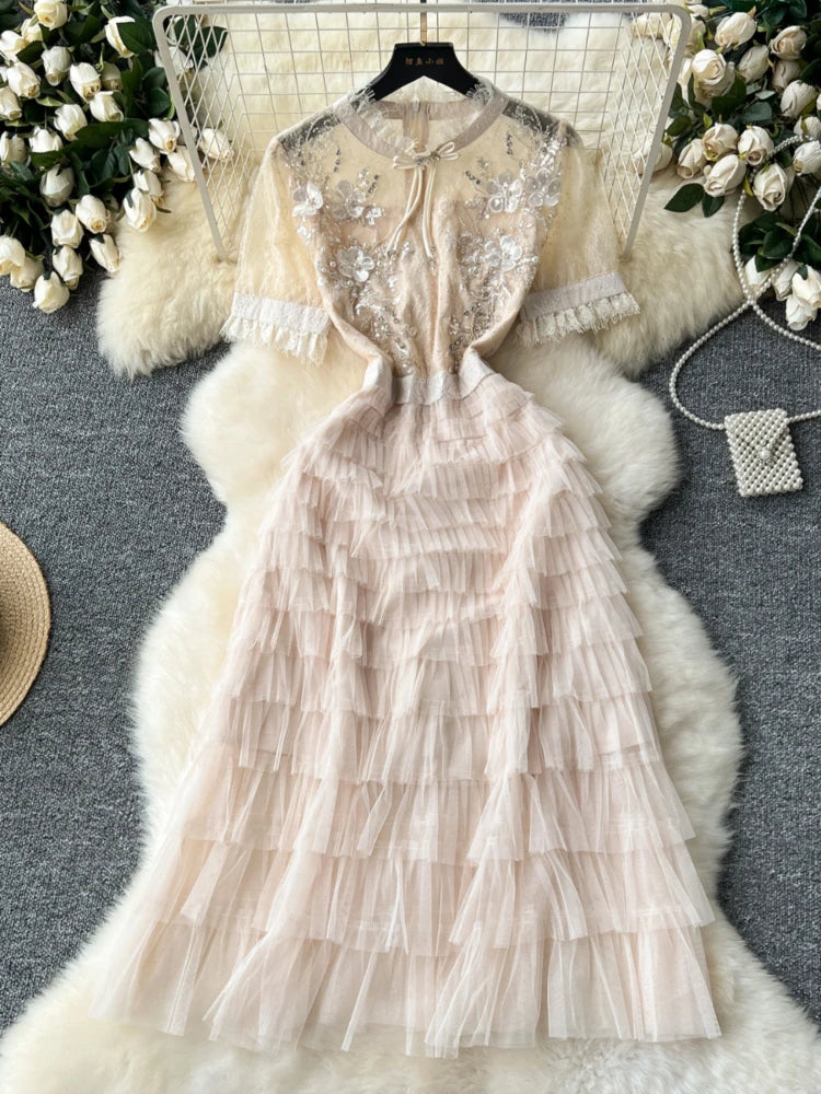 Floral Embroidered Mesh Dress With Ruffle Skirt