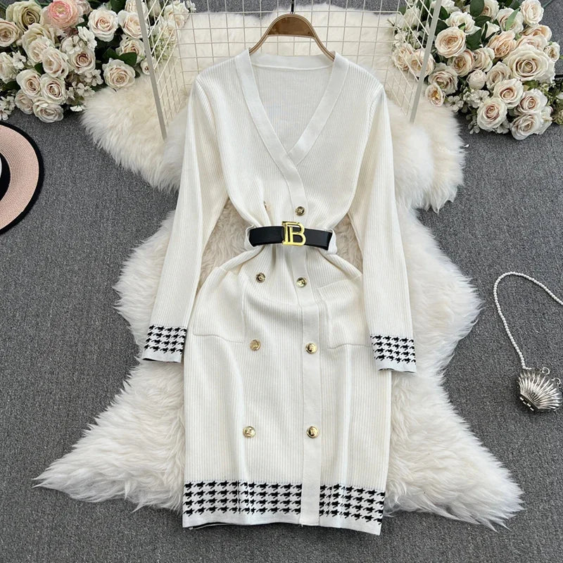 Chic White Double-breasted Knit Dress With Belt