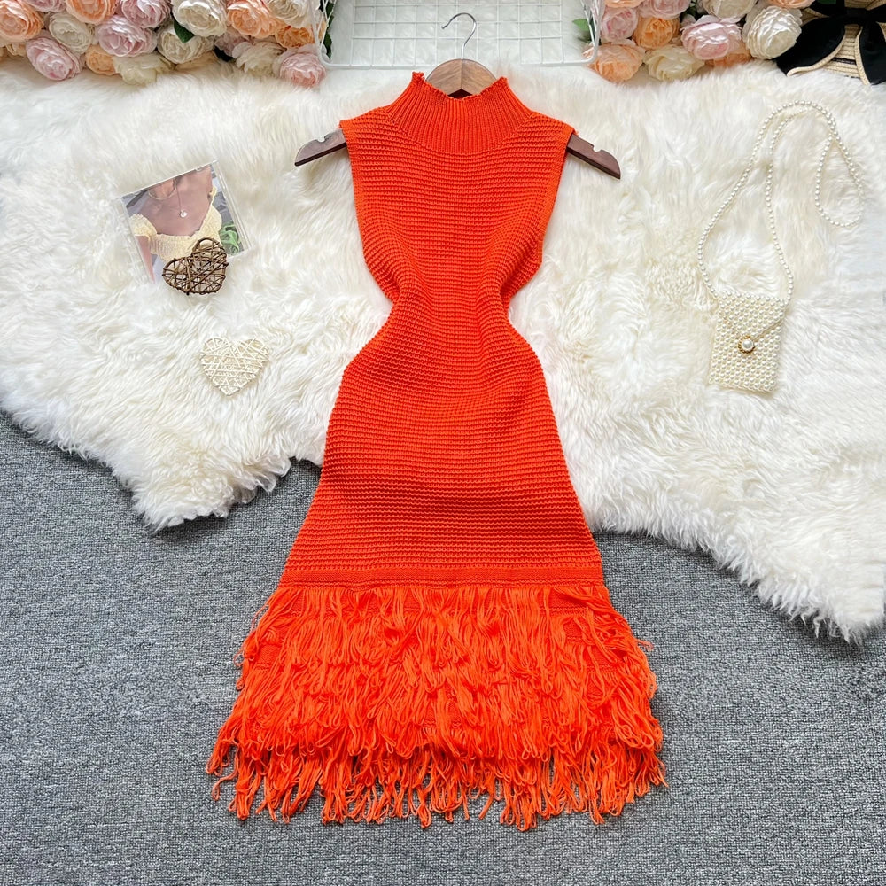 Vibrant Orange Knit Dress With Fringe Trim