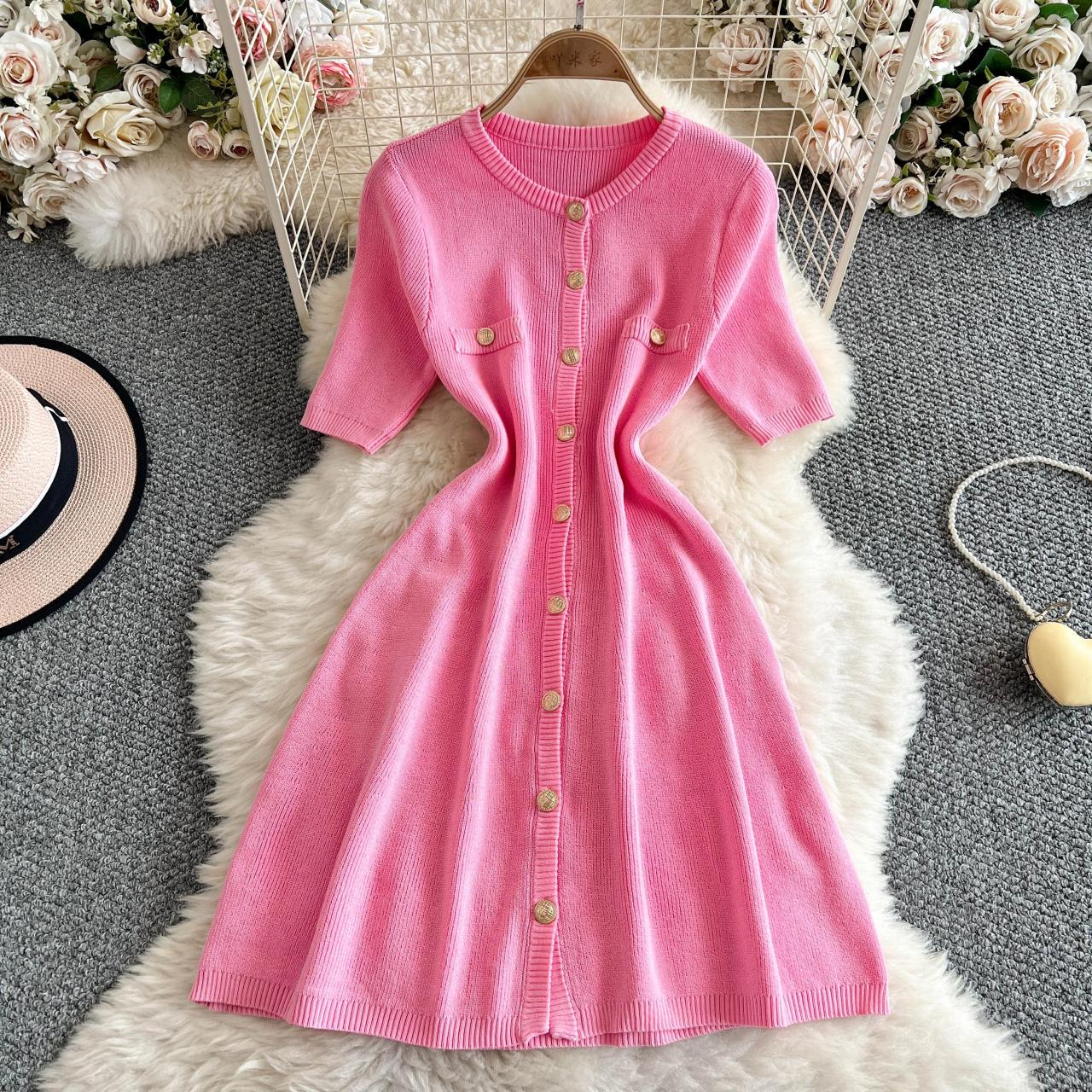 Button-front Pink Knit Dress With Pockets