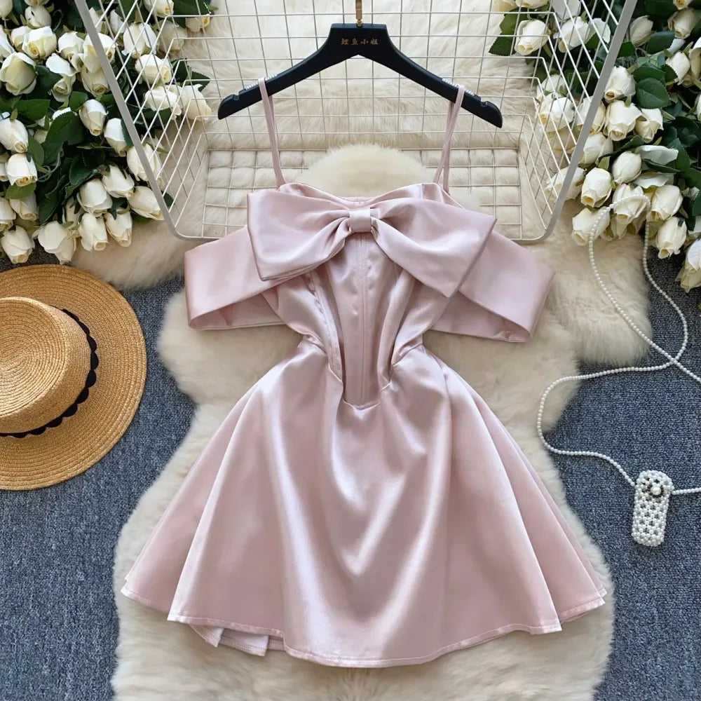 bow satin off shoulder dress White Satin Off-the-Shoulder Bow A-Line Wedding Dress with Slit, Diamond White / 6