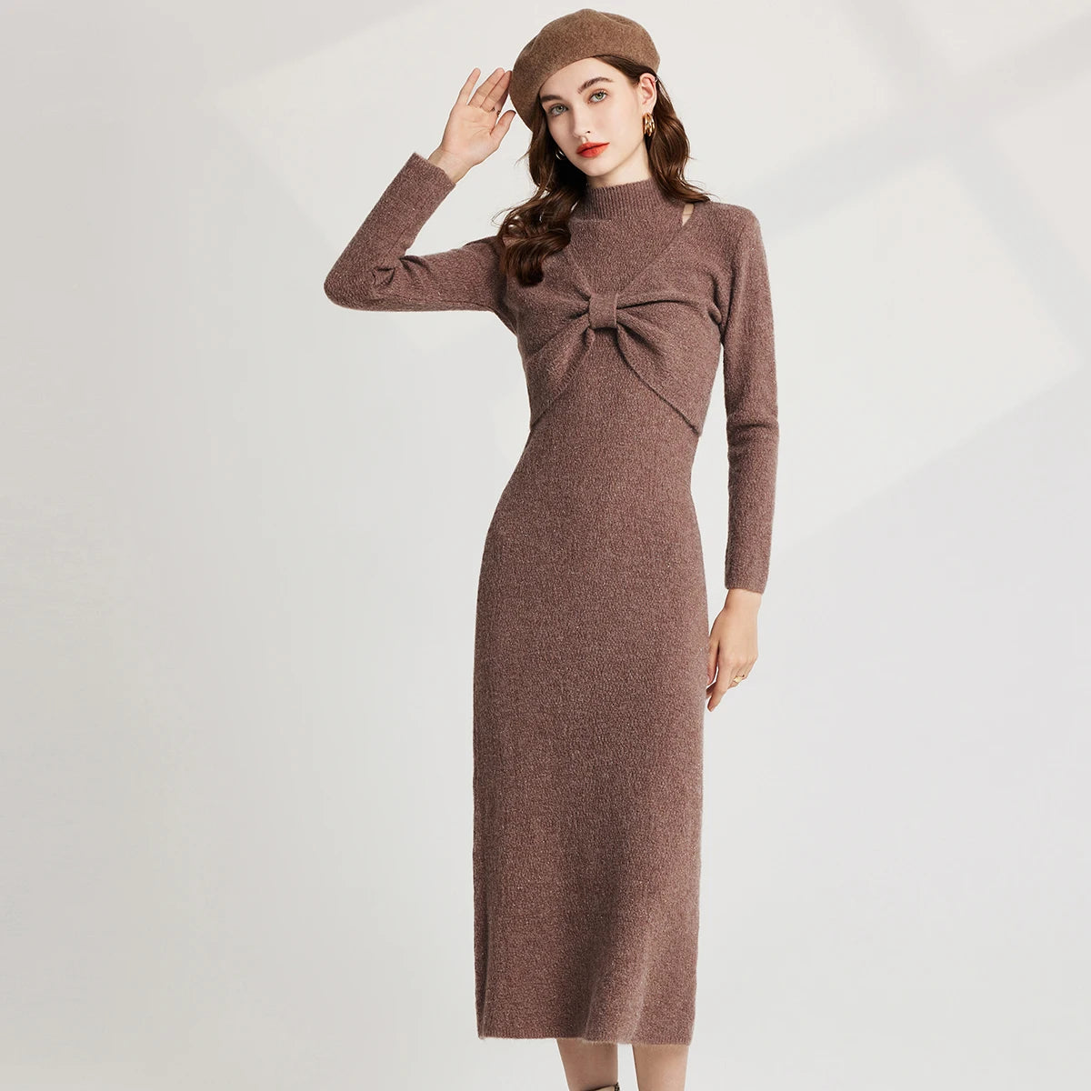 Soft Knit Long-sleeve Dress With Knot Design