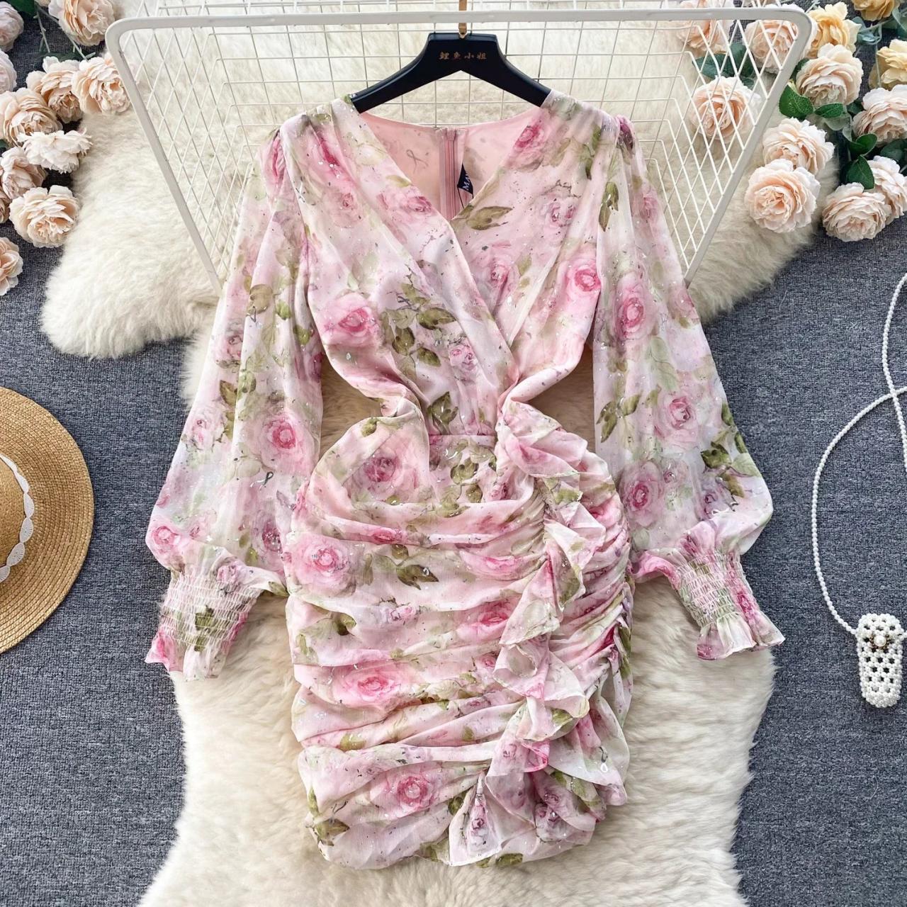 floral ruched wrap dress Floral Ruched Long Sleeve Wrap Dress Pink