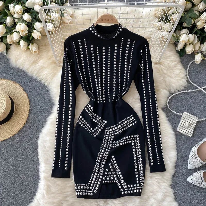 long sleeve studded bodycon dress Chlo Black Long Sleeve Studded Crochet Knit Midi dress