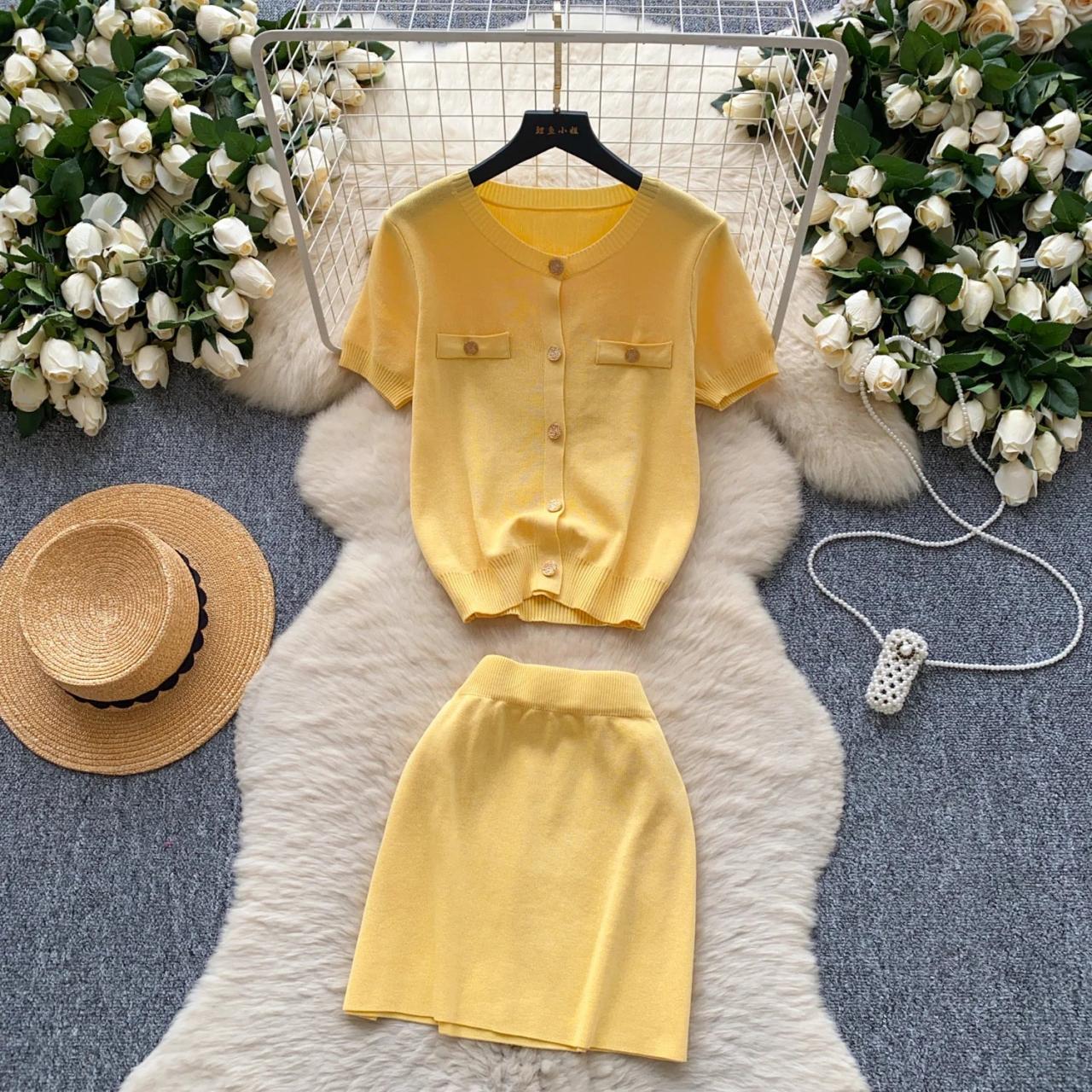 Yellow Short-sleeve Button Cardigan And Skirt Outfit on Luulla