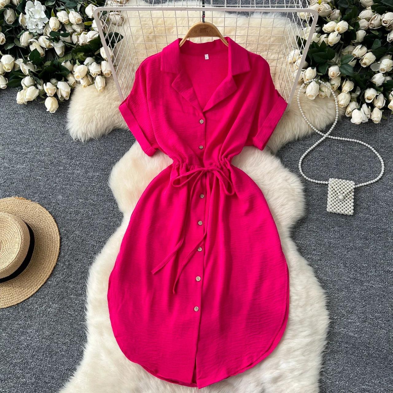 Button-down Pink Belted Short-sleeve Summer Dress