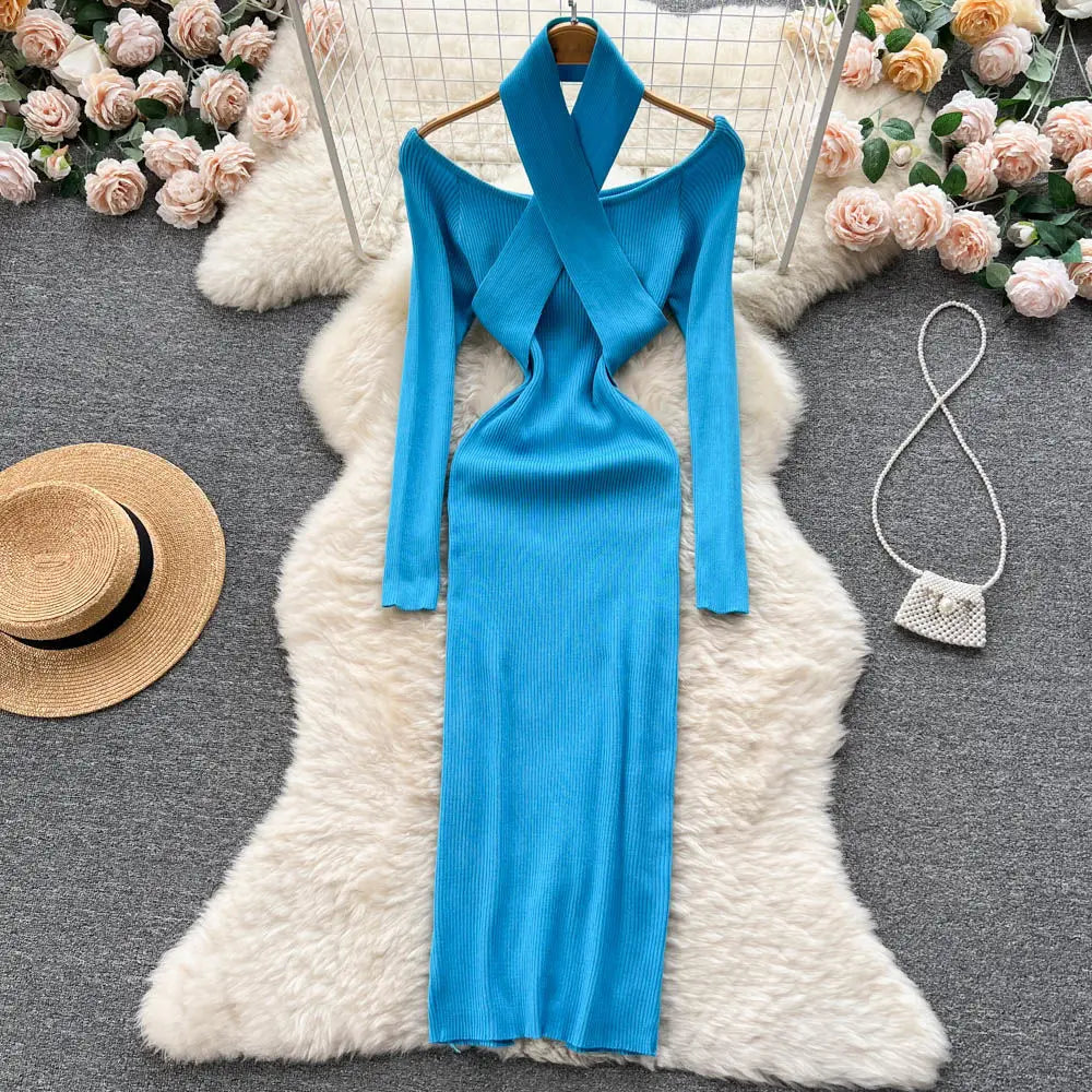 Stylish Blue Cutout Off-shoulder Bodycon Dress on Luulla