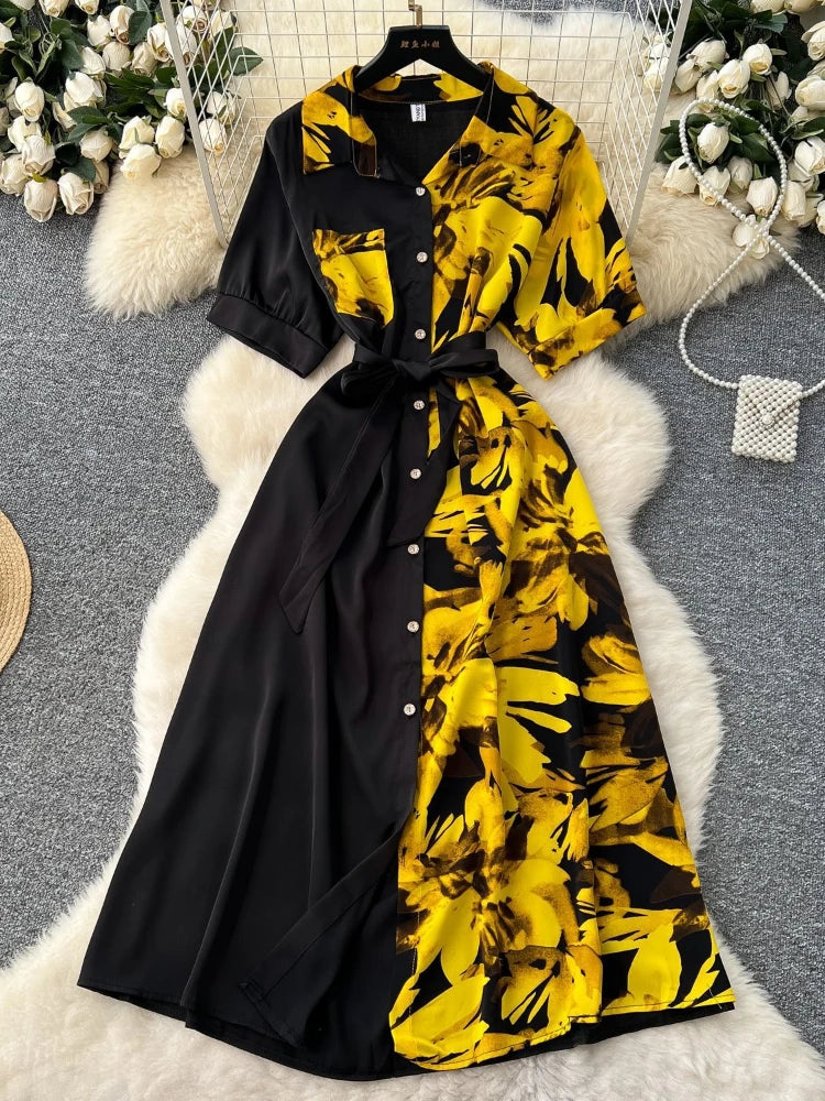 Black And Yellow Buttoned Floral Belted Dress