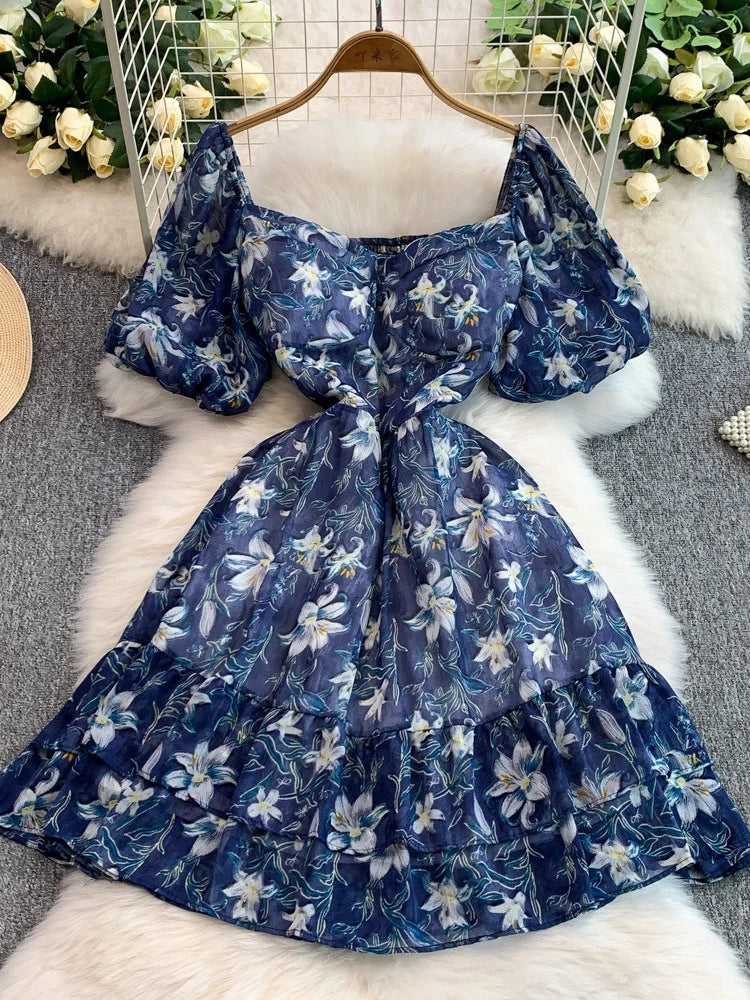 blue floral chiffon puff sleeve ruched bodycon dress Floral Chiffon Dress With Puff Sleeves Ruffles on Luulla