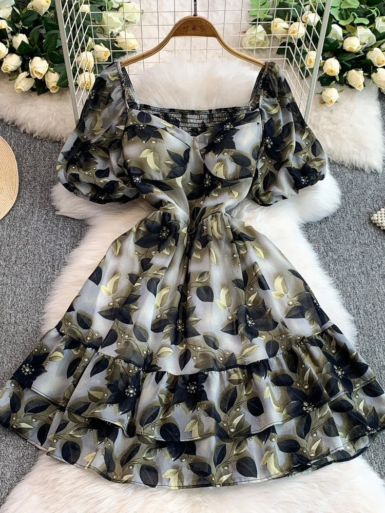Floral Chiffon Dress With Puff Sleeves Ruffles on Luulla