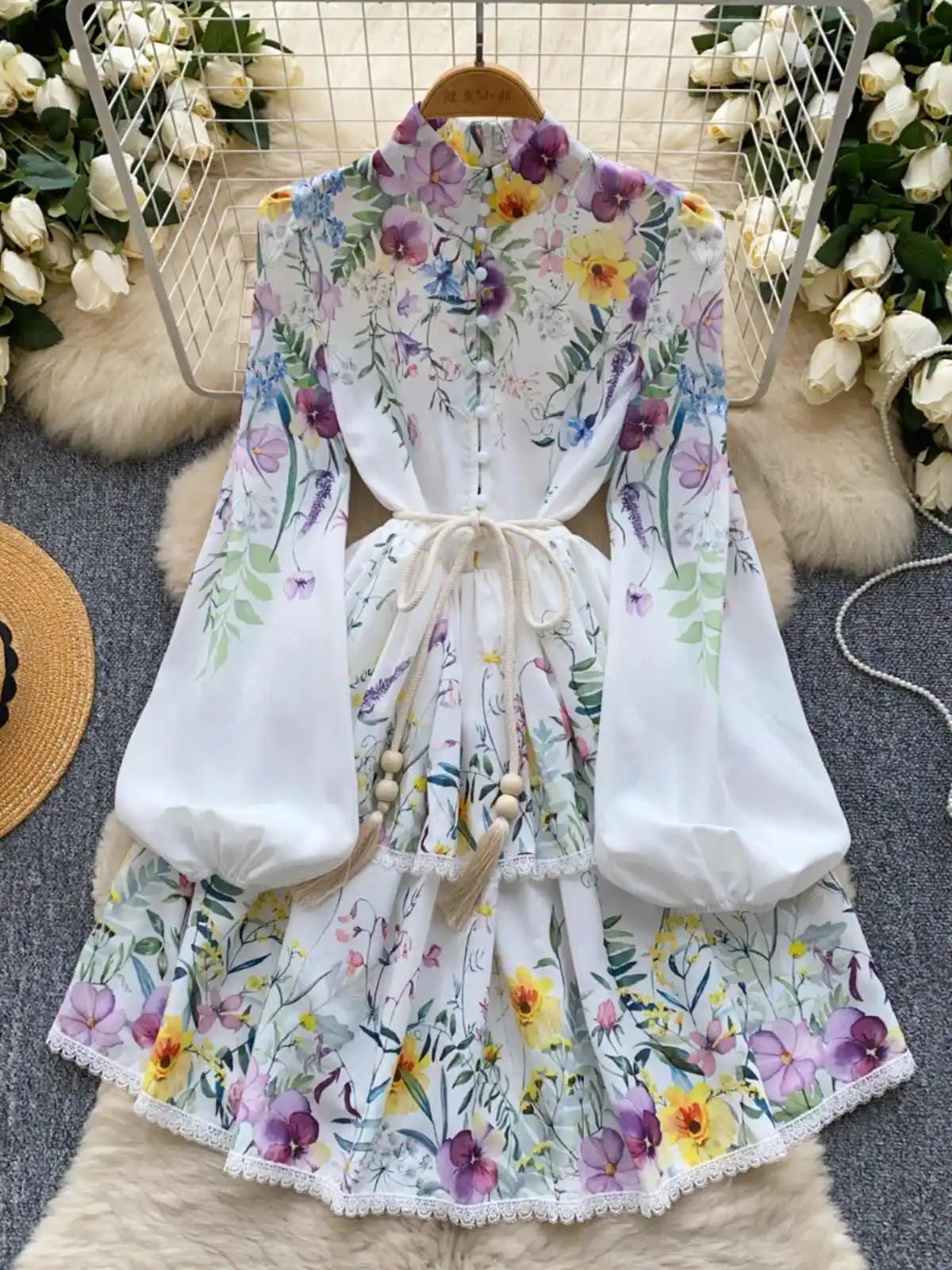 Floral Bohemian Long Sleeve Belted Tunic Dress