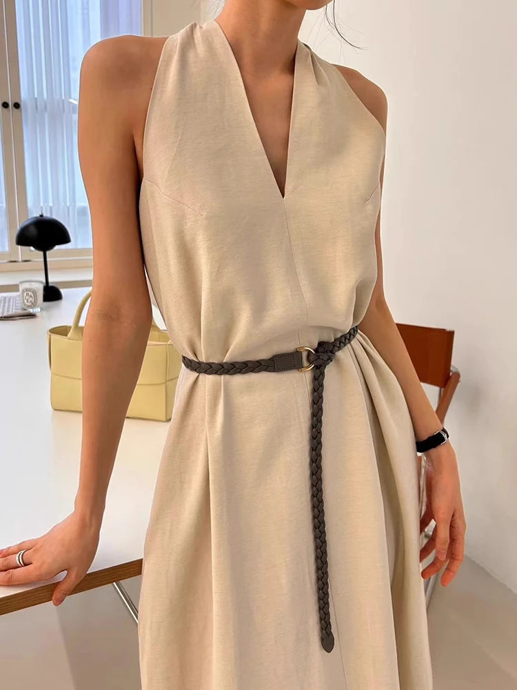 Sleeveless Beige Wrap Dress With Braided Belt