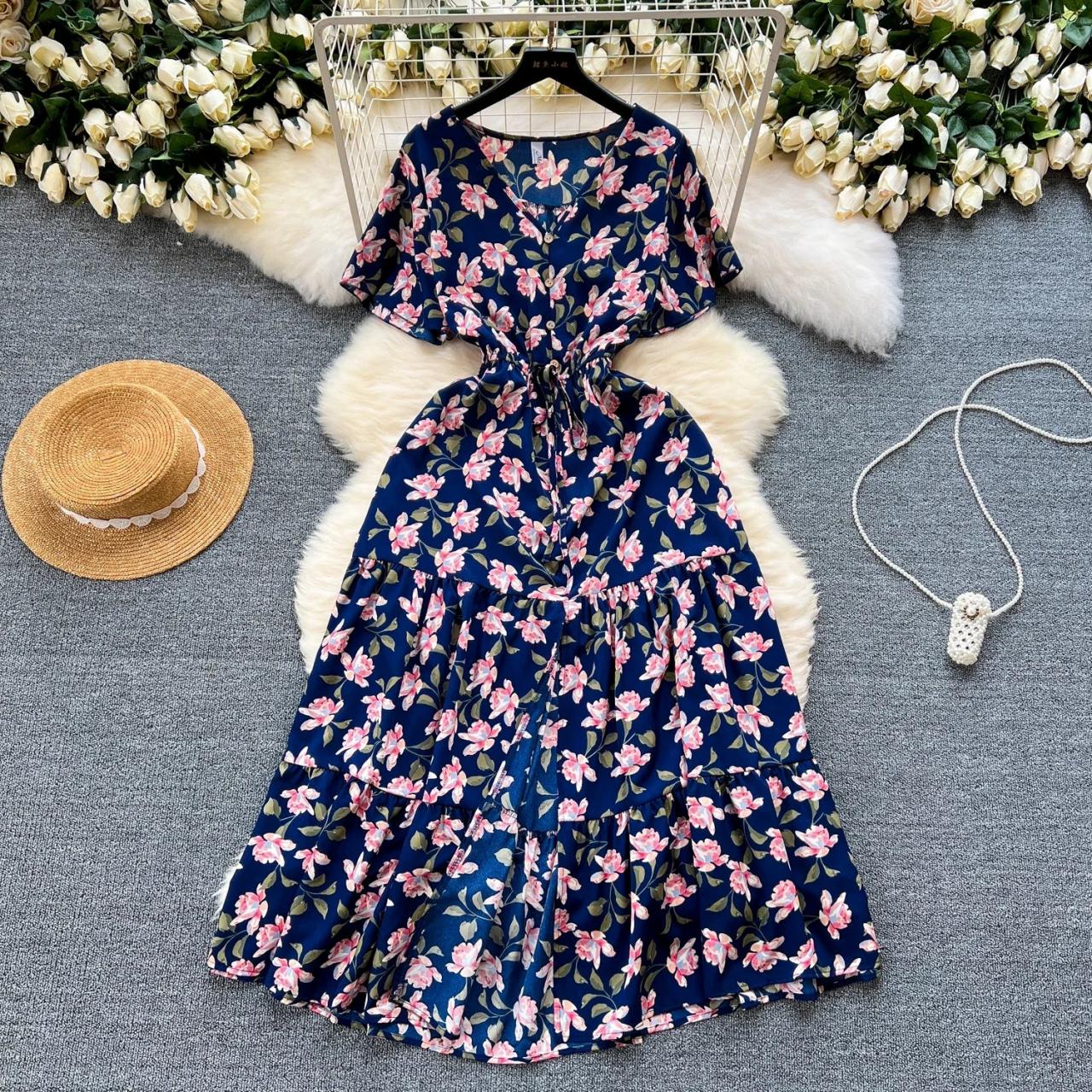 Chic Fashion Floral Print Women Dress 2024 Summer V Neck Elegant High Waist Big Swing Long Party Dress Vacation Outfits