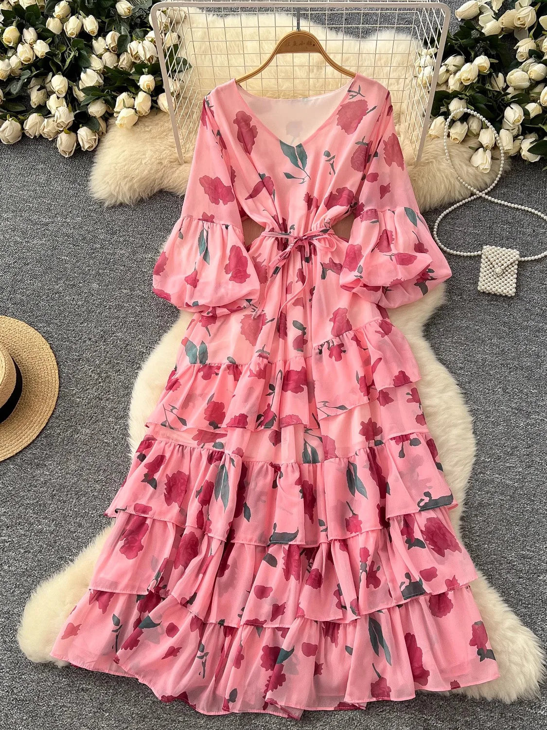 red chiffon ruffle layer maxi dress Virella  Crimson blossom layers  Tiered chiffon maxi dress