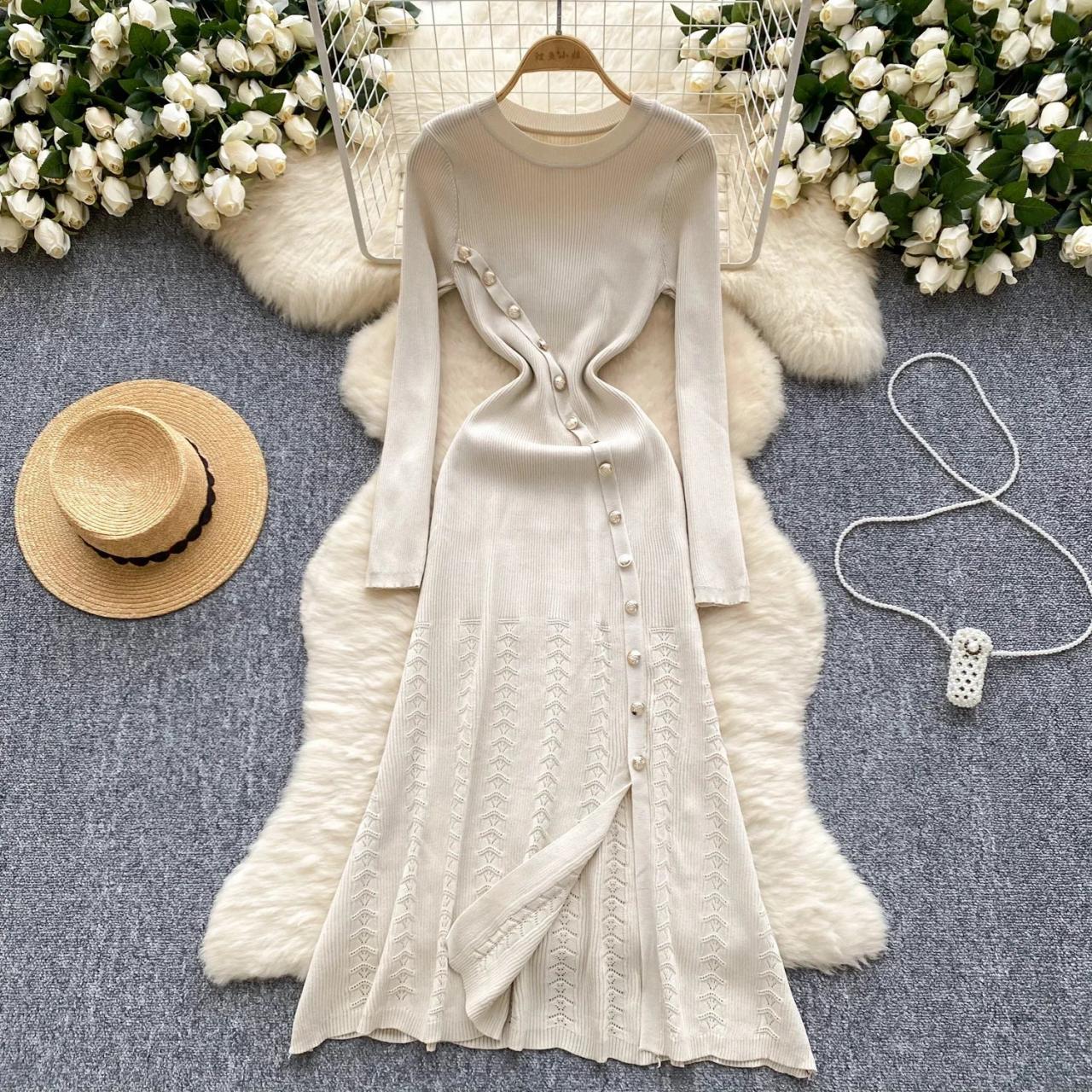 Knitted Beige Dress With Pearl Button Detailing
