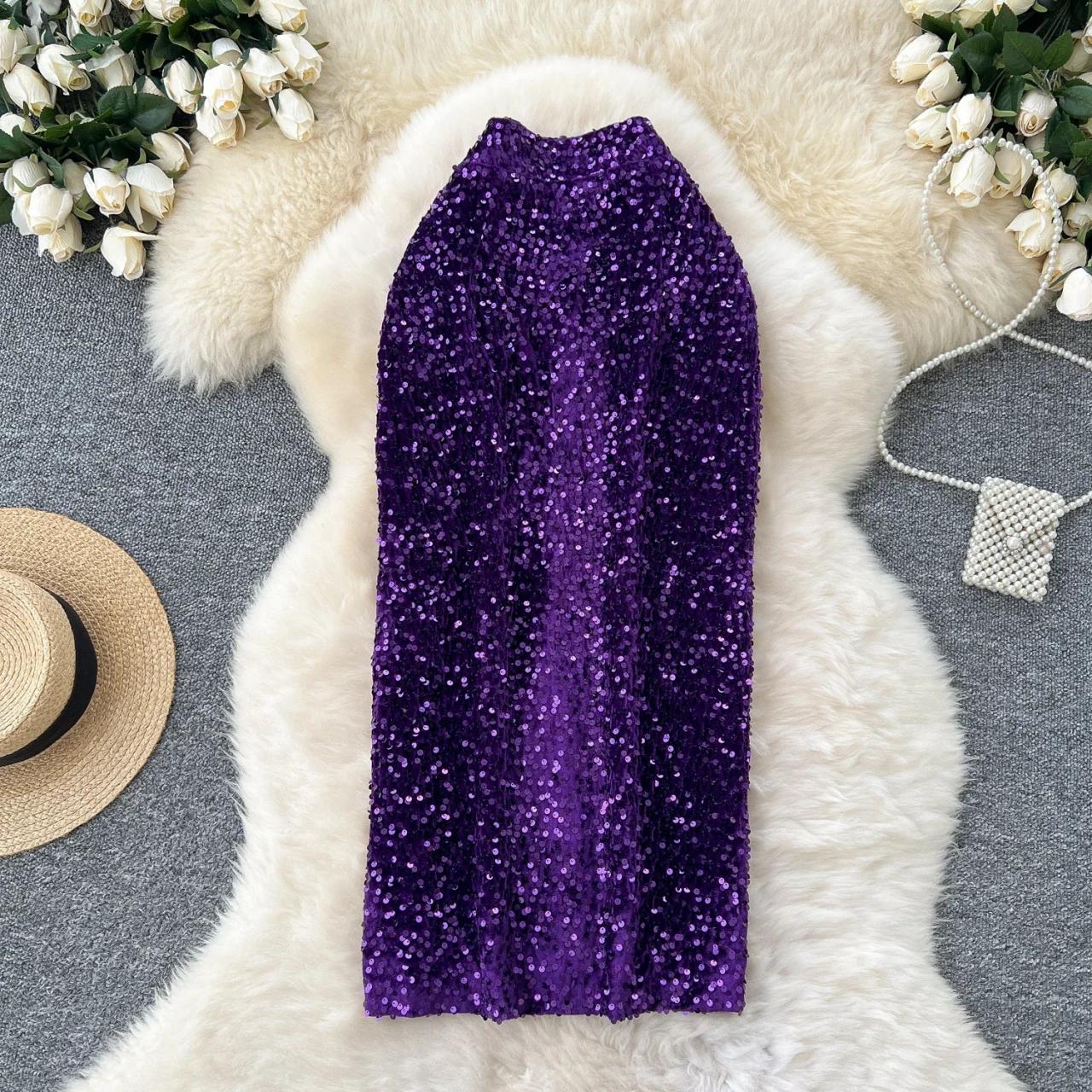 Purple Sequin Long Dress with Halterneck Design