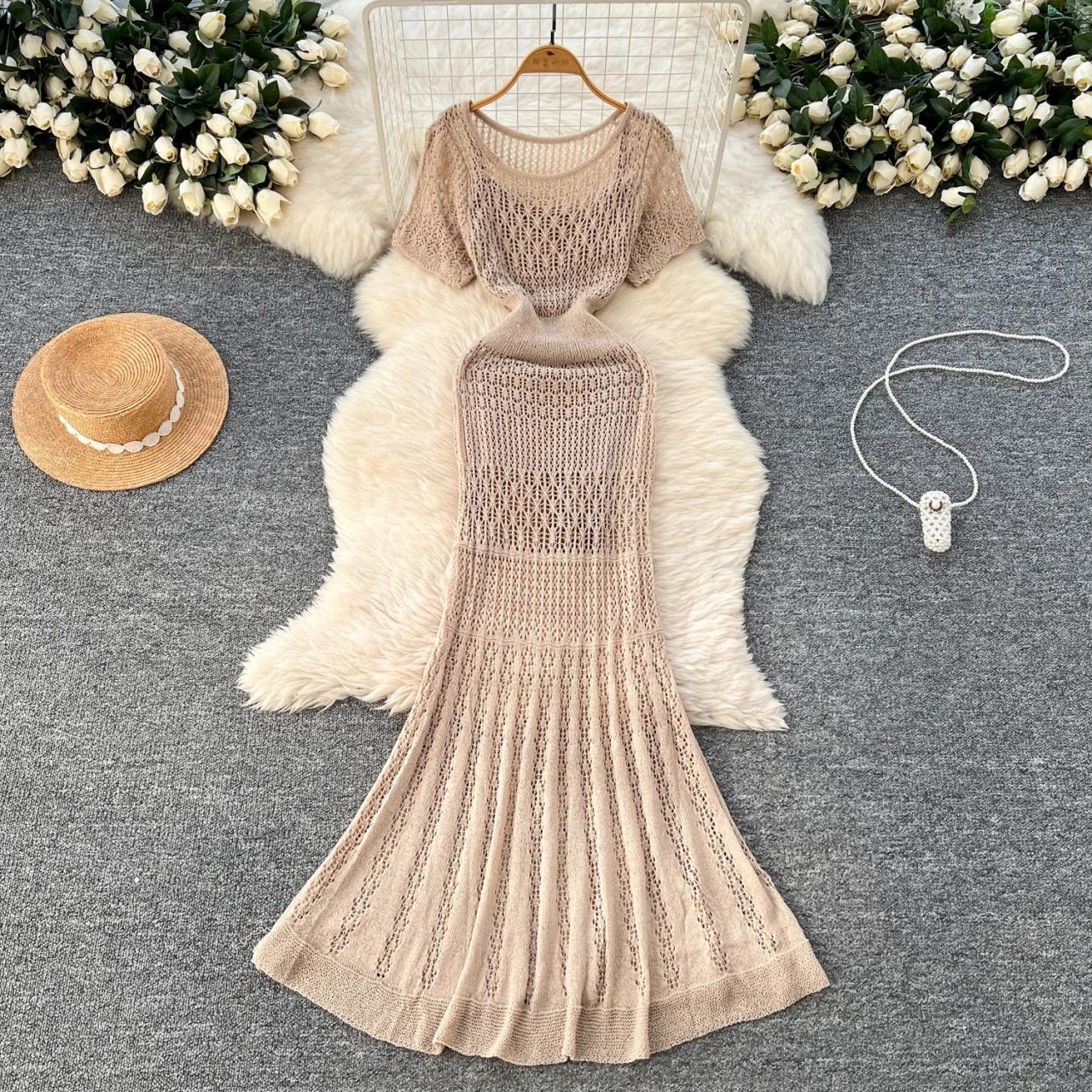 knit boho dress V-Neck Wavy Open-Knit Crochet Cover-Up Maxi Dress in Mint green L
