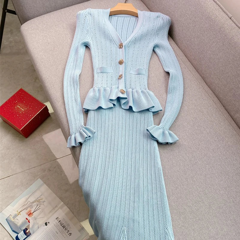 Baby Blue Knit Peplum Button-up Dress Outfit on Luulla