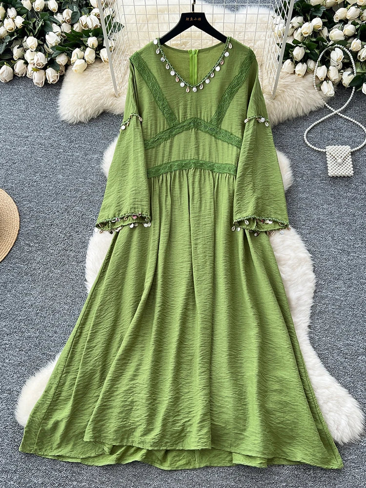 green lace dress with bell sleeves Vintage Ellie Saab Forest Green Lace Dress with Bell Sleeves (36) – The  Thrifty Hippy main image 1