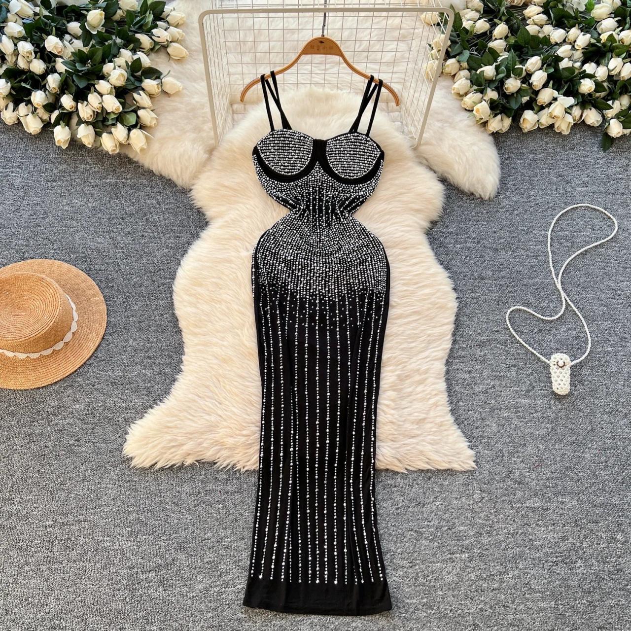 Sparkling Black Strappy Bodycon Dress With Rhinestones