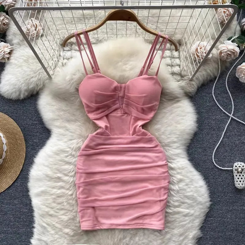 Pink Ruched Bodycon Dress With Double Straps