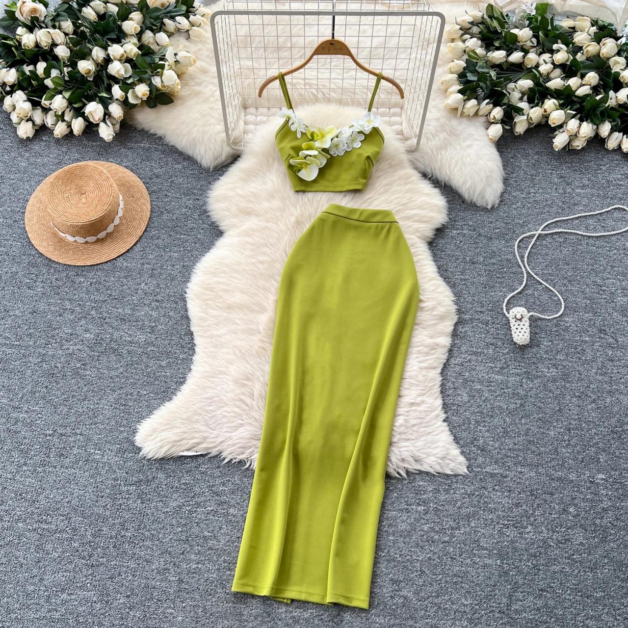olive green two piece dress Green Two Piece Dress