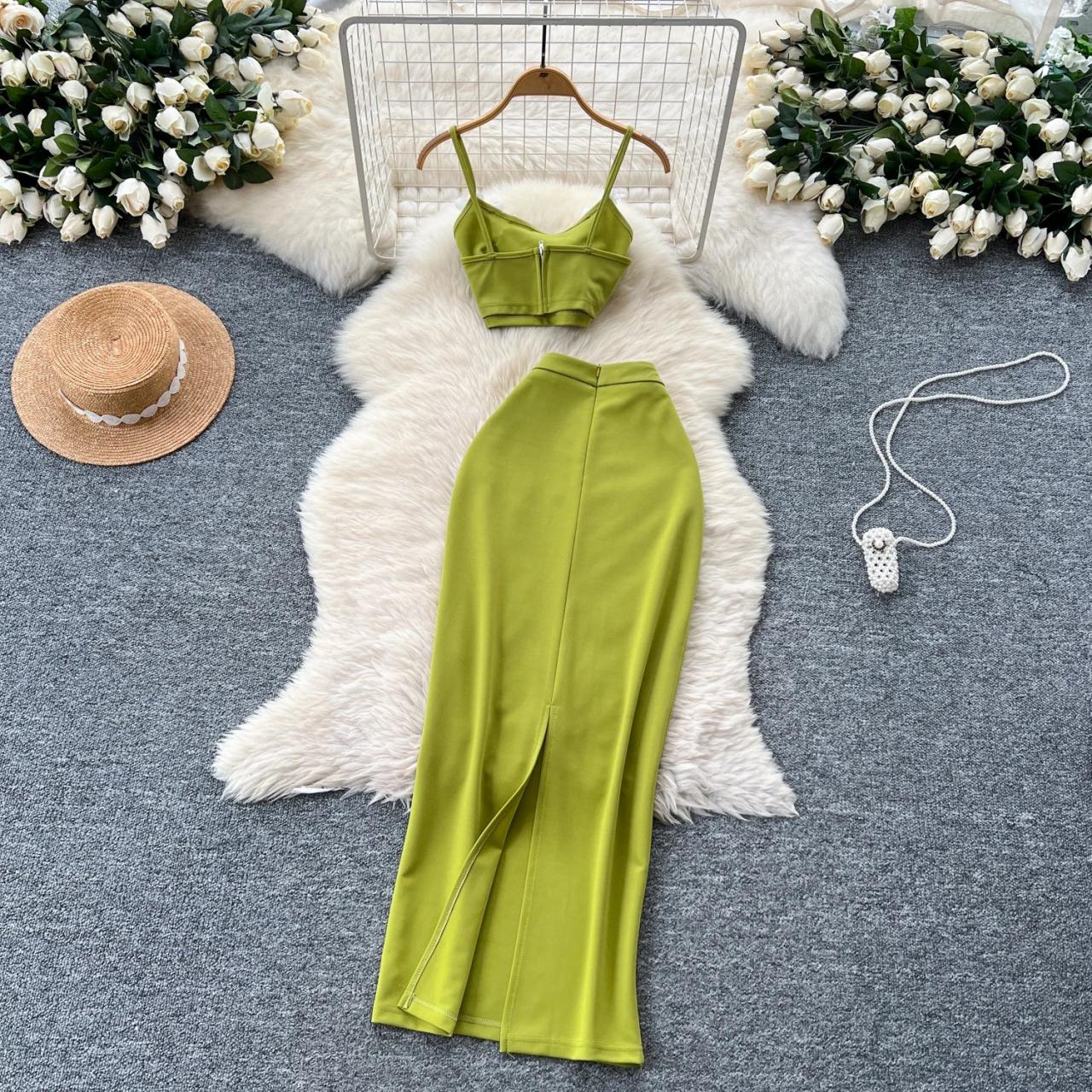 olive green two piece dress Women's Set Crew Neck Sleeveless Chiffon Midi with Cardigan Flowy Wrinkle Resistant Formal Wedding Guest Dress Light Blue 2XL carpet events Clean Cut-Out Olive Green Two-Piece