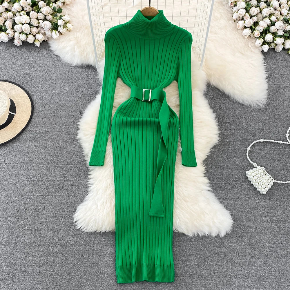 Cozy Green Ribbed Knit Belted Turtleneck Dress