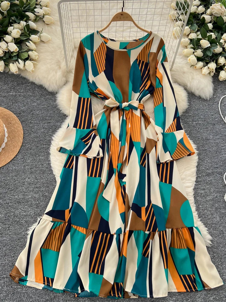 Geometric Pattern Flowy Dress With Belted Waist