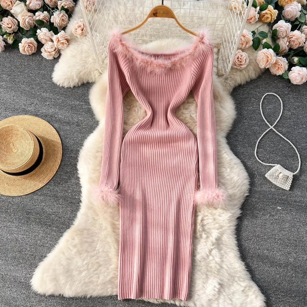 Pink Ribbed Off-Shoulder Dress with Fur Trim