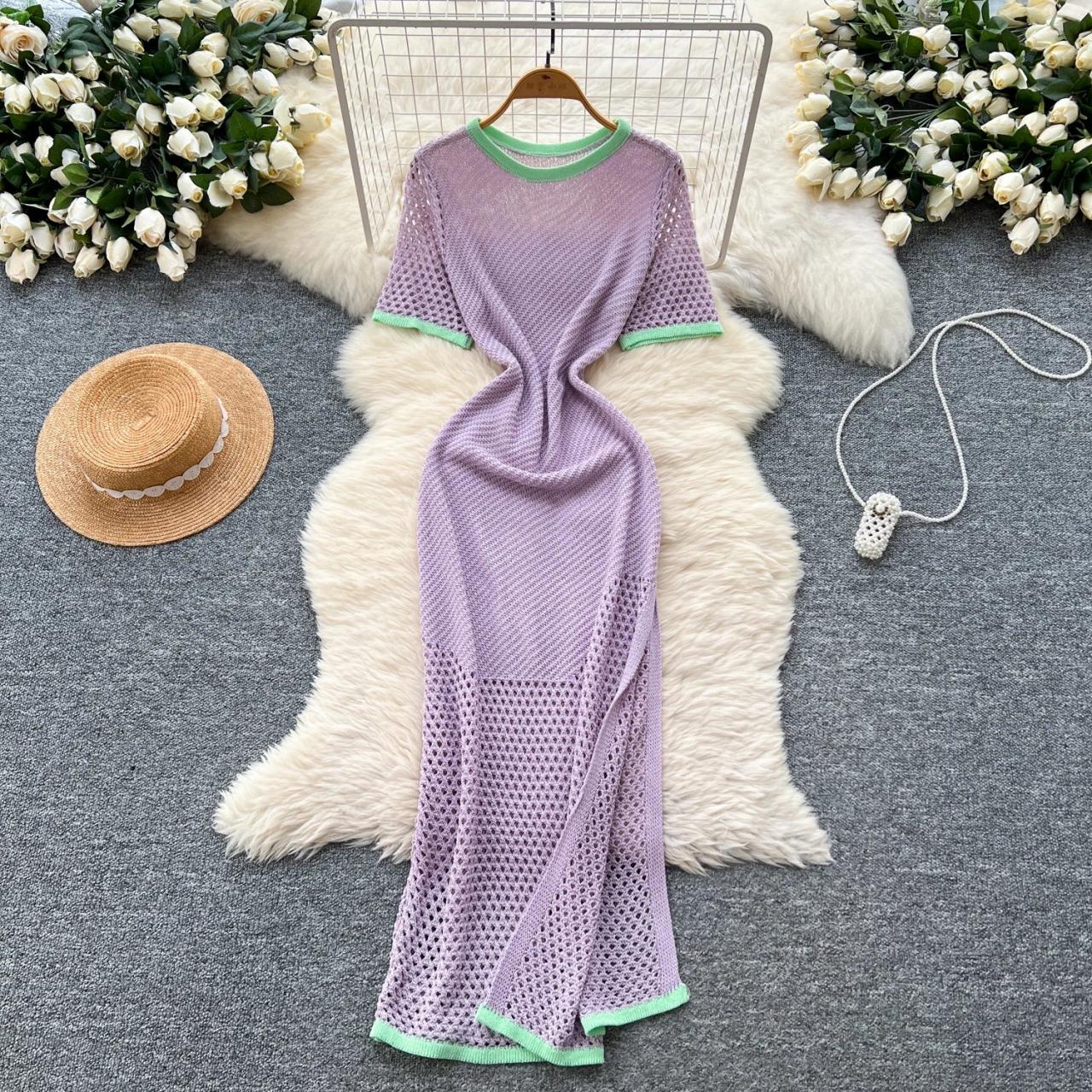 Sheer Purple Mesh Dress with Green Trim