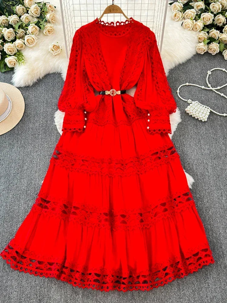 Red Lace Belted Long-sleeve Layered Maxi Dress