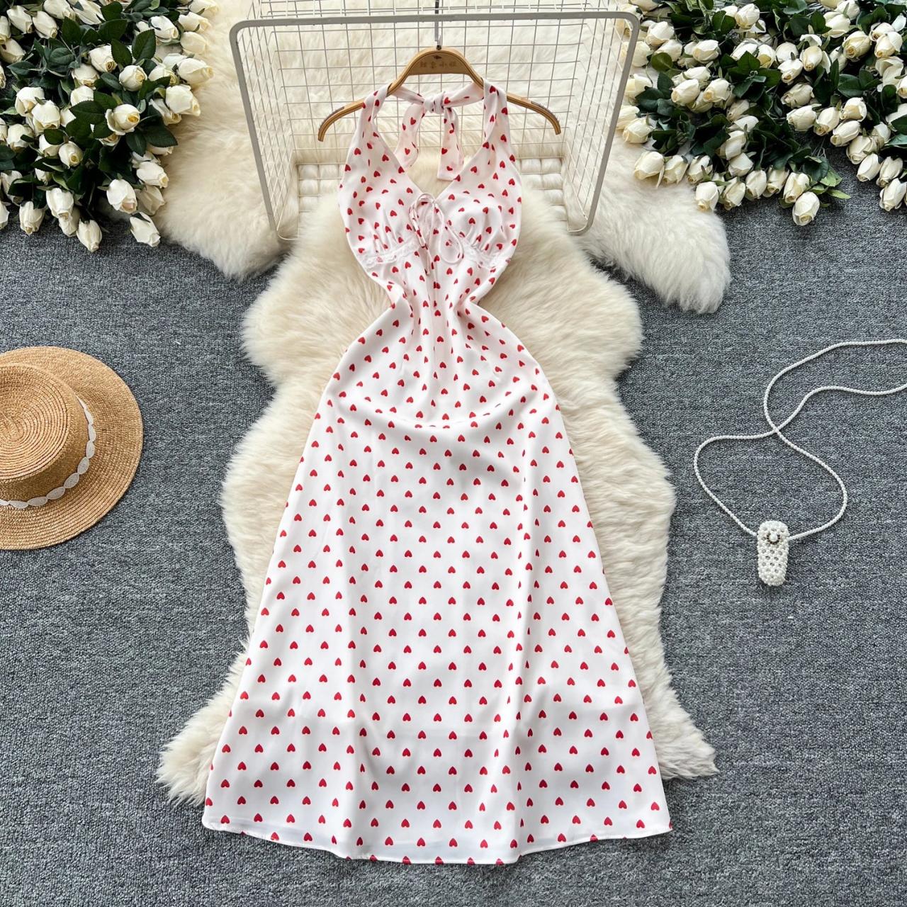 Halter Neck Red Heart Patterned Summer Dress