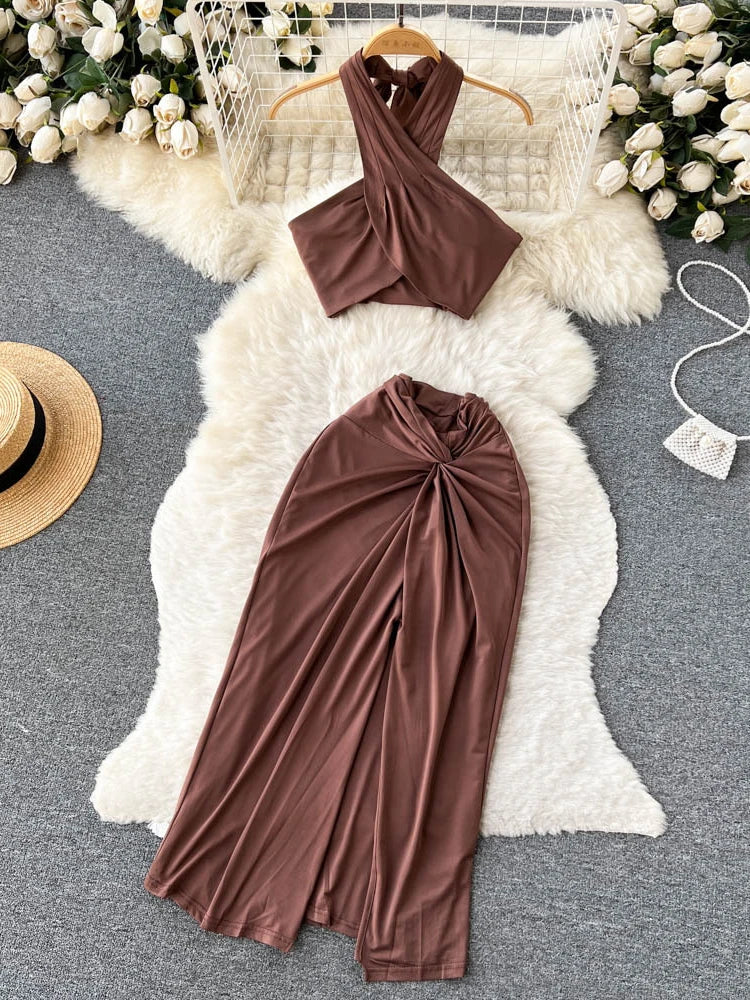 Halter Neck Brown Sleeveless Draped Maxi Dress