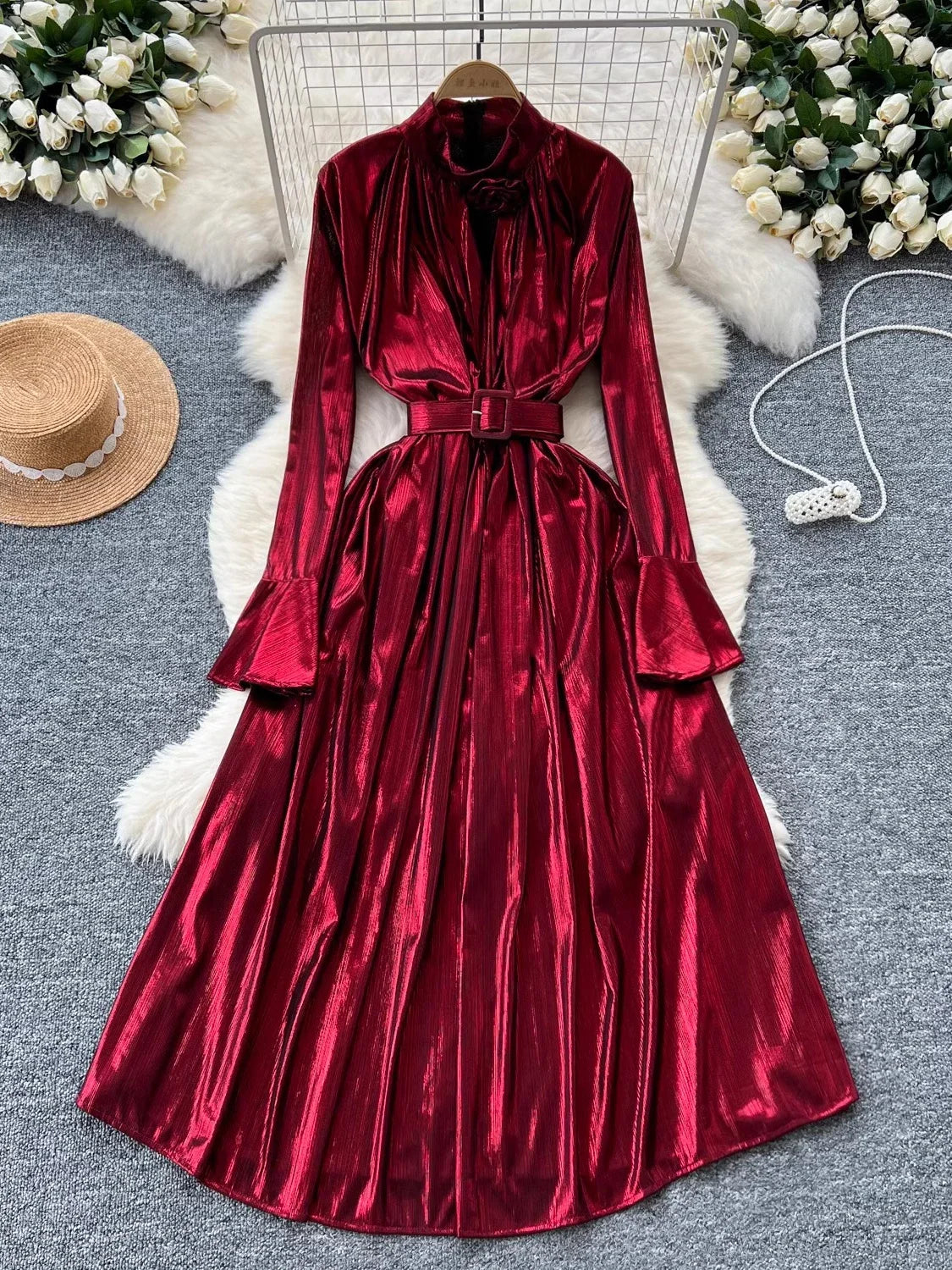 Plush Velvet Long-sleeve Belted Evening Dress on Luulla
