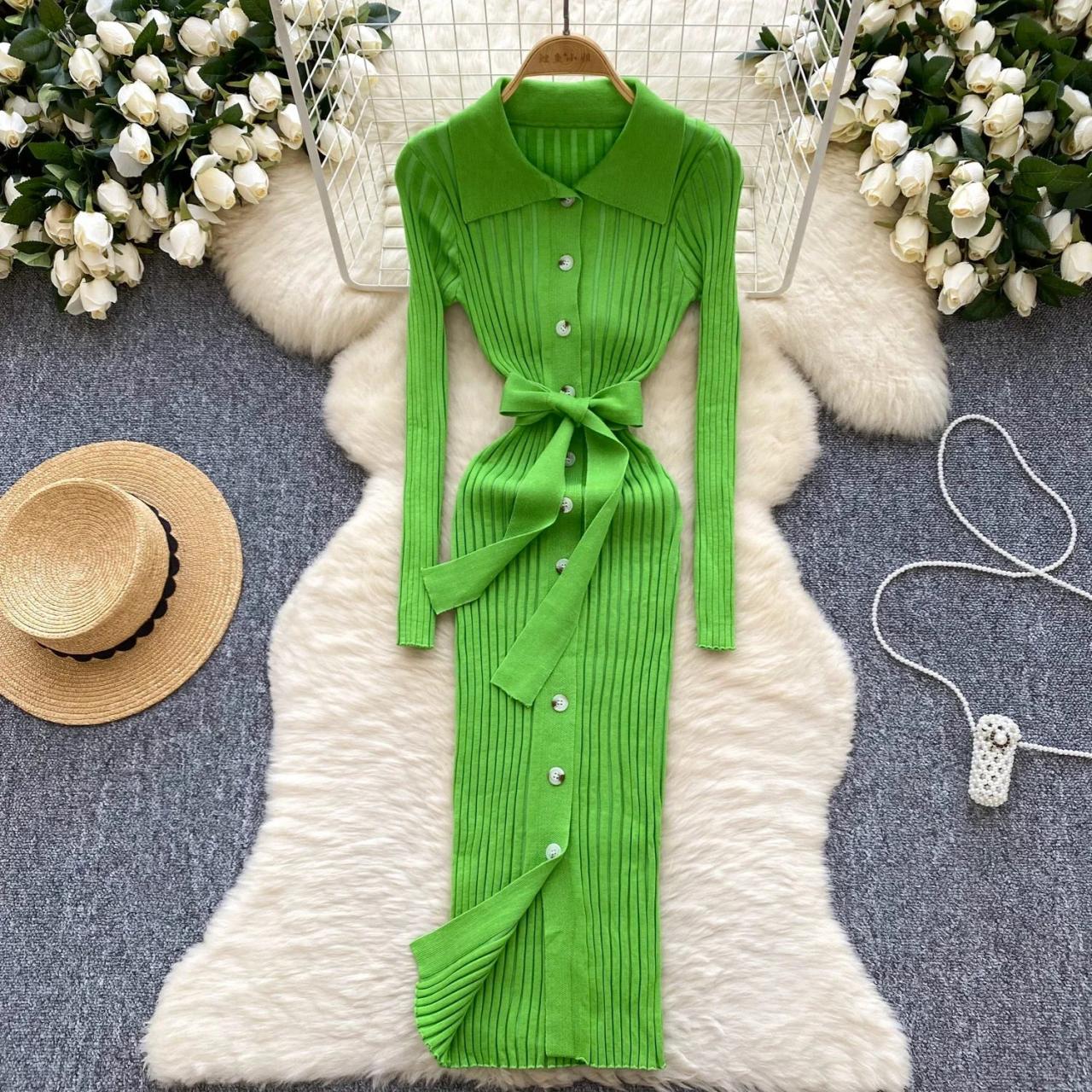 green ribbed dress long sleeve Green Ribbed Midi Dress main image 1