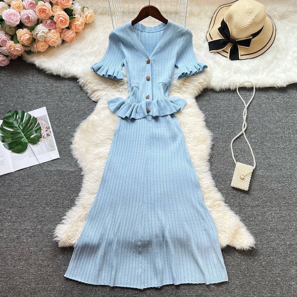 Stylish Blue Knit Peplum Button-up Dress