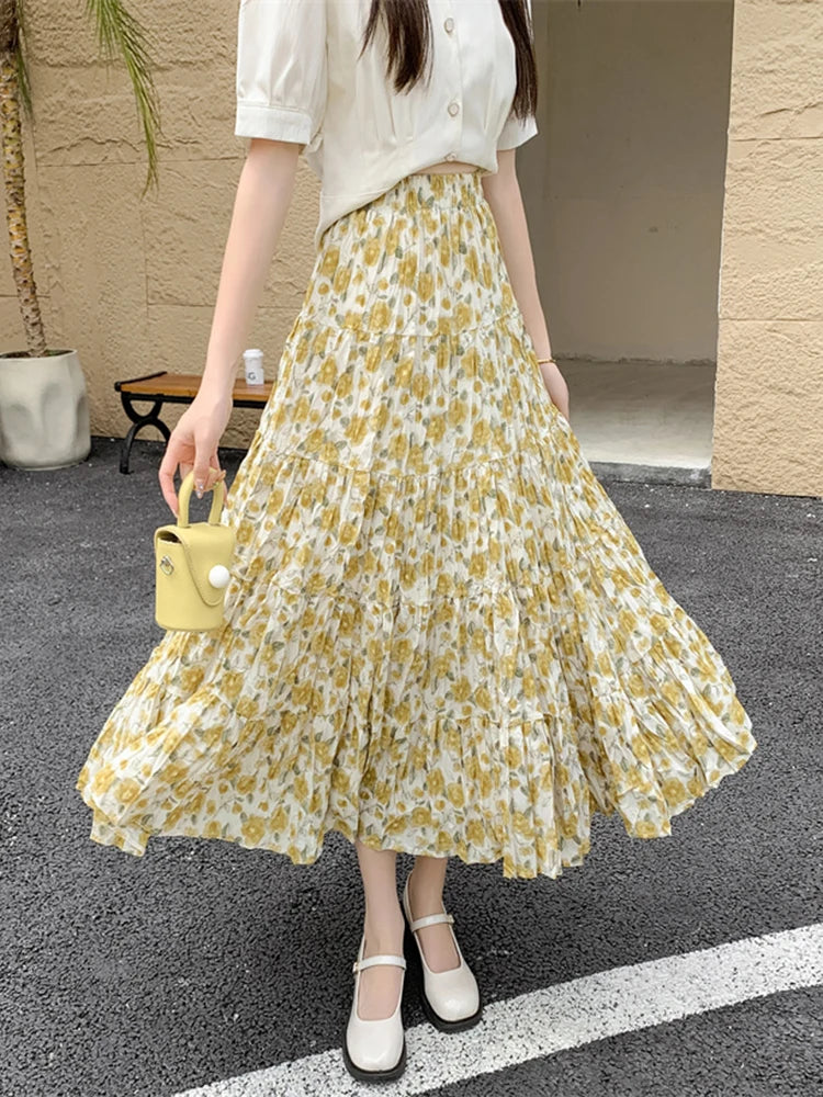 Floral Pleated Maxi Skirt With Elastic Waistband