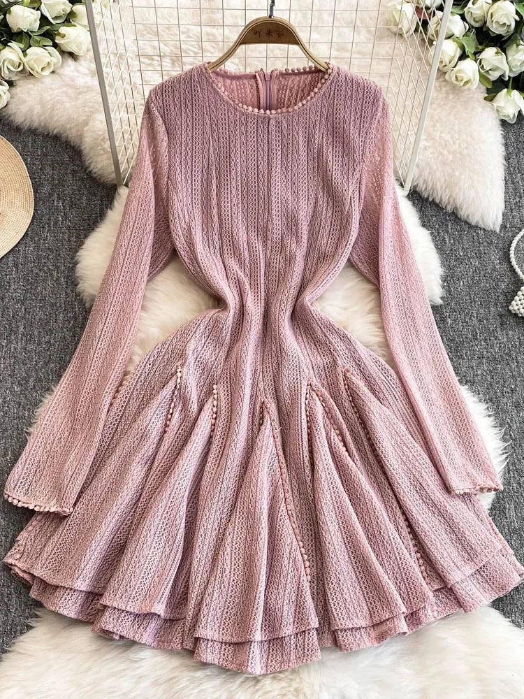 Knitted Long-sleeve Pink Flare Dress For Women