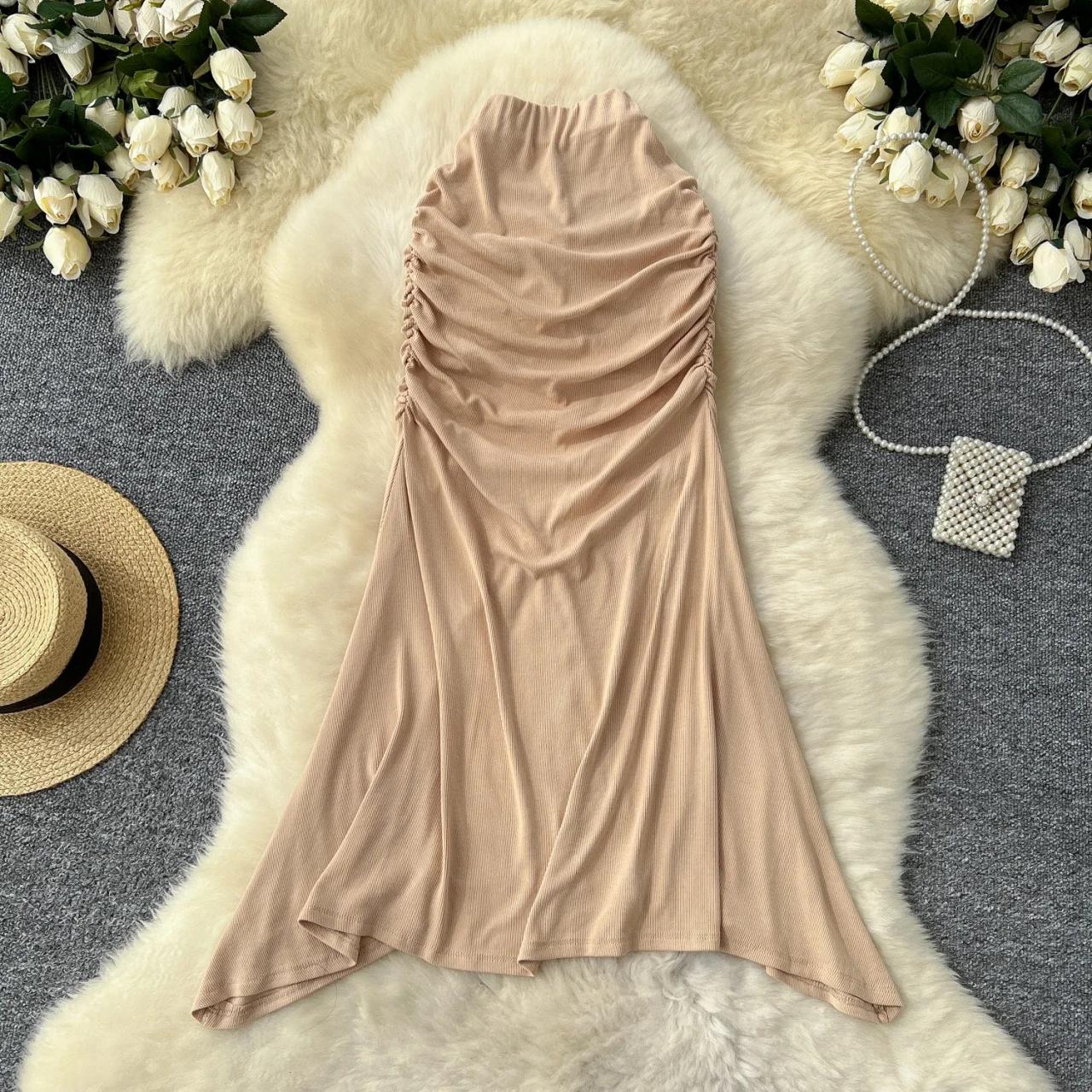Ruched Halter Neck Beige Flowing Maxi Dress